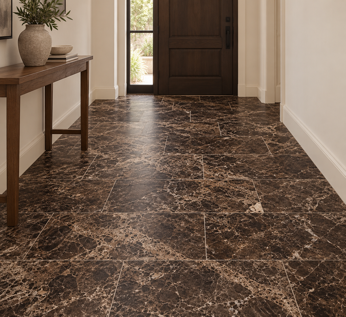 Dark Emperador Premium Honed Brown Marble Wall & Floor Tiles: installed on an entrance hallway floor