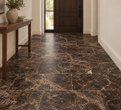 Dark Emperador Premium Honed Brown Marble Wall & Floor Tiles: installed on an entrance hallway floor