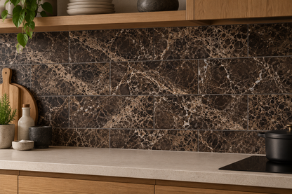 Dark Emperador Premium Honed Brown Marble Wall & Floor Tiles: installed as a kitchen splashback