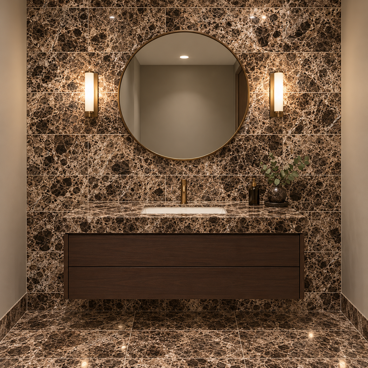 Dark Emperador Premium Polished Marble Wall & Floor Tiles: installed on a windowless bathroom vanity wall