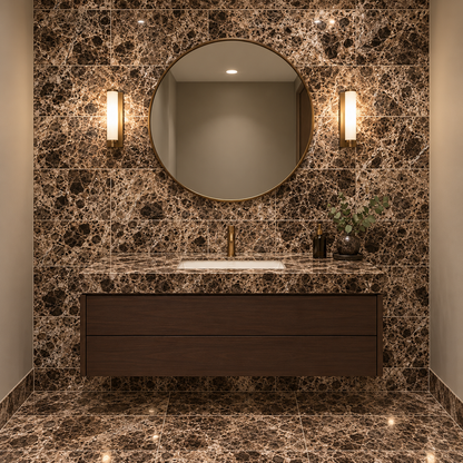 Dark Emperador Premium Polished Marble Wall & Floor Tiles: installed on a windowless bathroom vanity wall