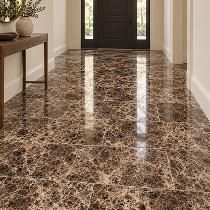 Dark Emperador Premium Polished Marble Wall & Floor Tiles: installed on an entrance hallway floor