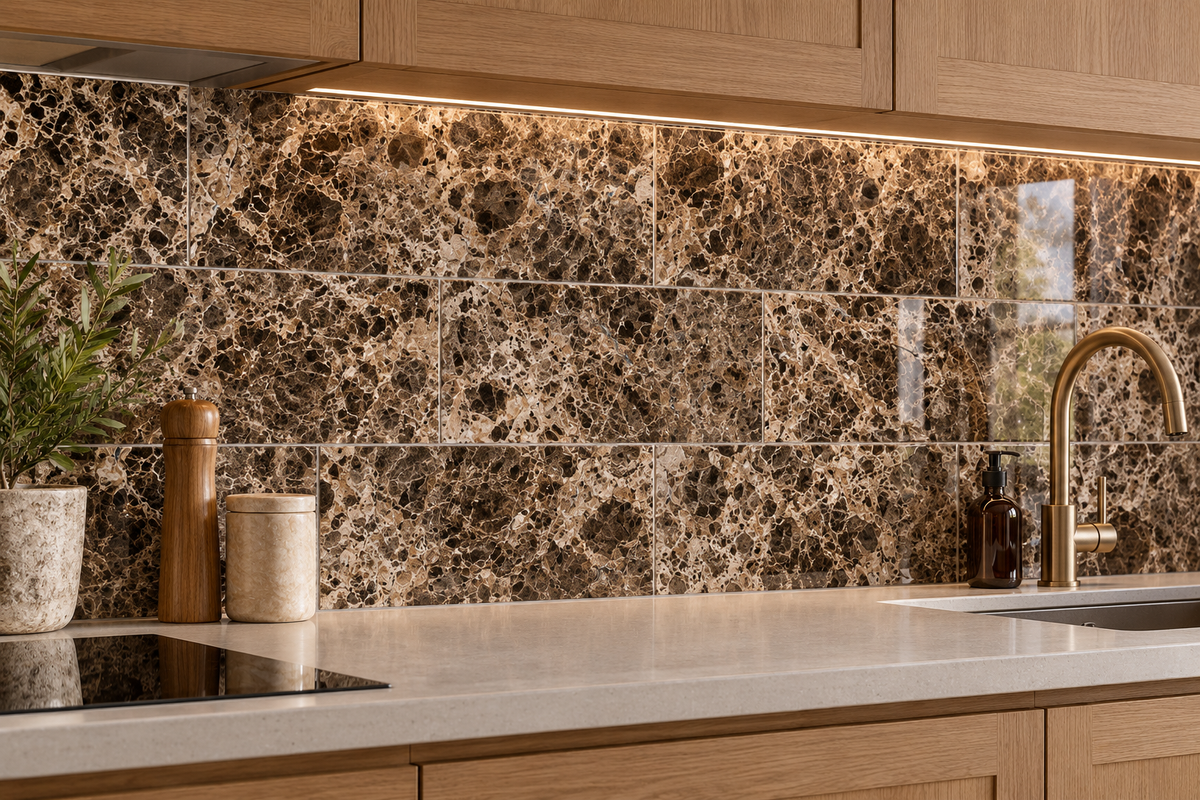 Dark Emperador Premium Polished Marble Wall & Floor Tiles: installed as a kitchen splashback