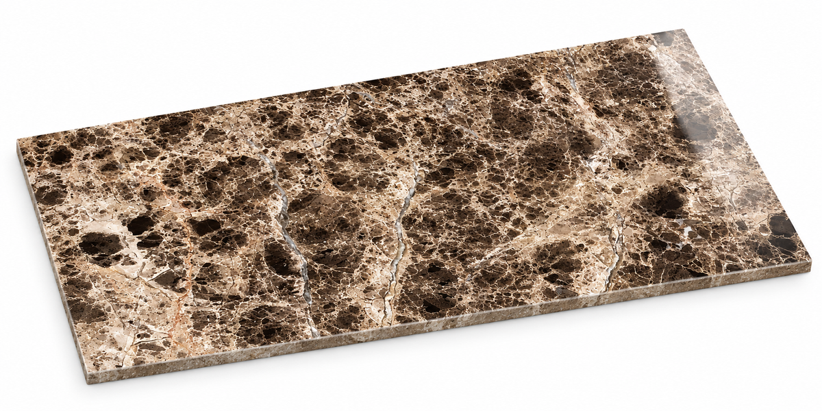 Dark Emperador Premium Polished Marble Wall & Floor Tiles: angled view showing natural stone face and thin raw sawn edges