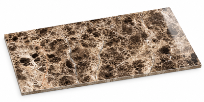 Dark Emperador Premium Polished Marble Wall & Floor Tiles: angled view showing natural stone face and thin raw sawn edges