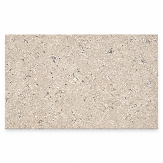 Dijon brushed limestone tile, 600 x 400 mm, front view with beige-grey mineral detail