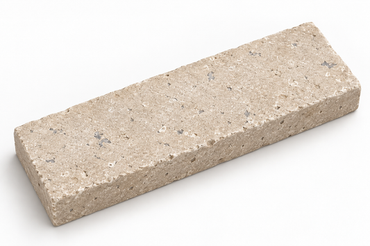 Dijon seasoned limestone cobble, 200 x 50 mm, showing the aged face and 20 mm edge