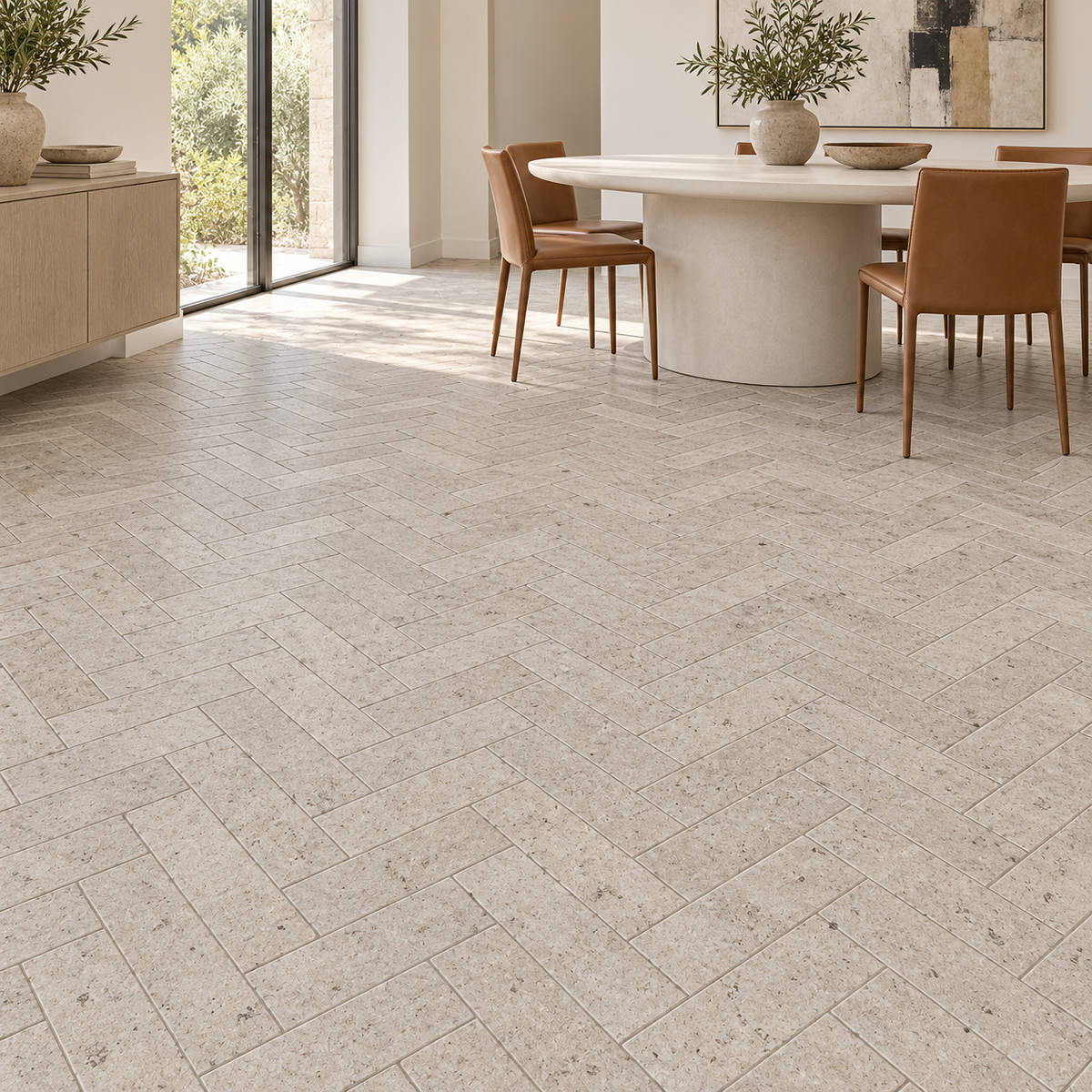 Dijon tumbled limestone herringbone floor tiles in a dining room with an oval white table and cognac chairs.