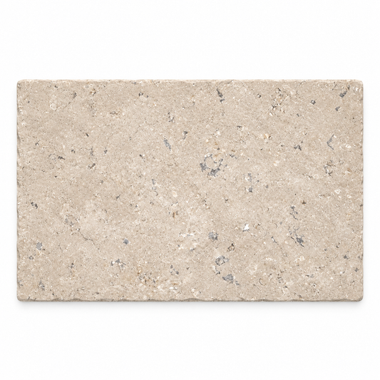 Dijon tumbled limestone tile, 600 x 400 mm, front view showing beige-grey tones and fine mineral detail
