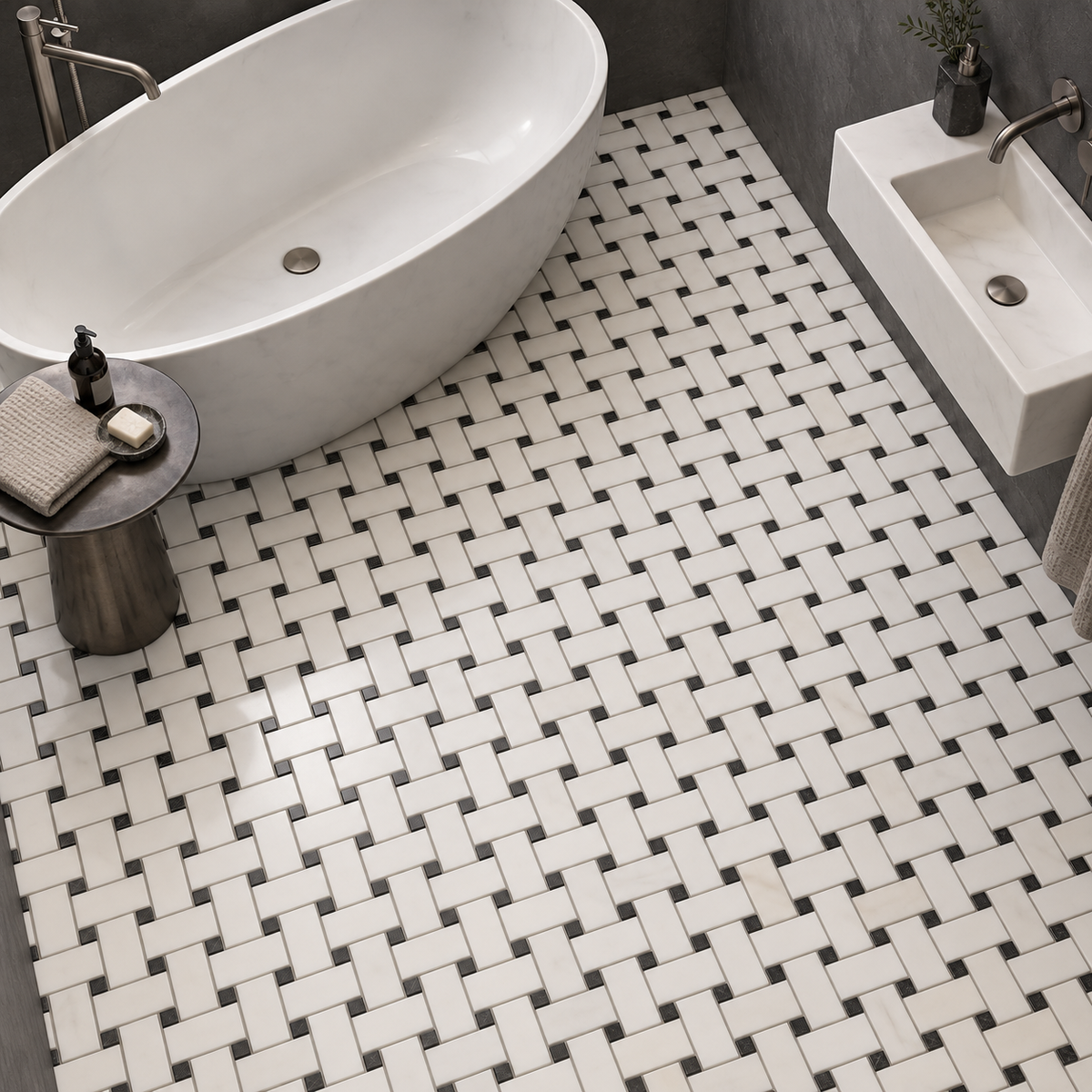 Dolomite - Nero Marquina Polished Marble Basket Weave Mosaic Tile — installed as bathroom mosaic flooring