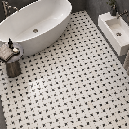 Dolomite - Nero Marquina Polished Marble Basket Weave Mosaic Tile — installed as bathroom mosaic flooring