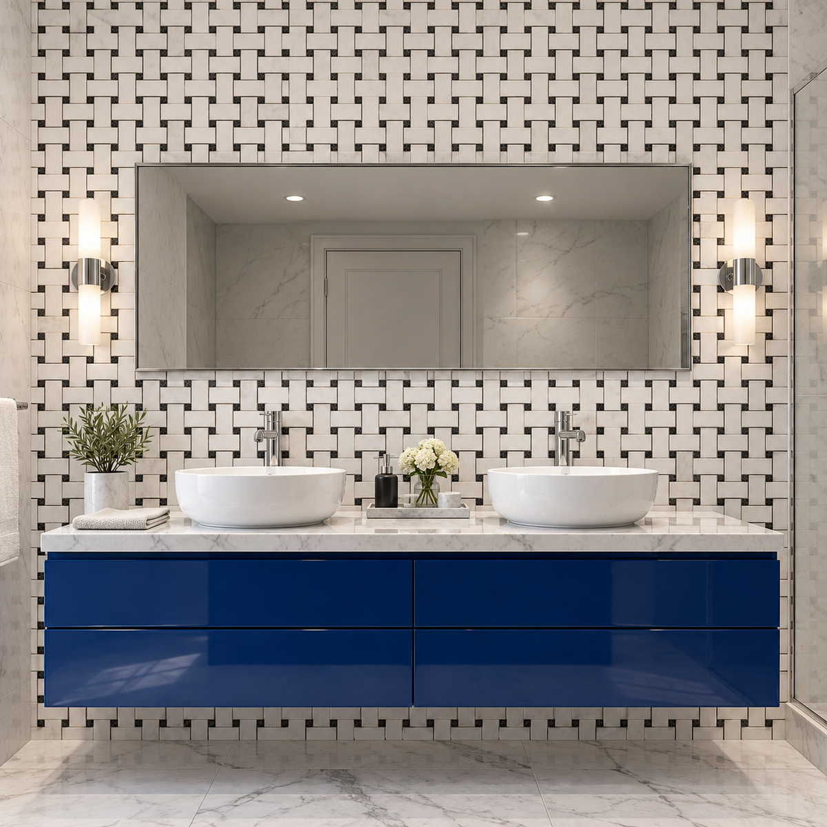 Dolomite - Nero Marquina Polished Marble Basket Weave Mosaic Tile — installed on a windowless bathroom feature wall