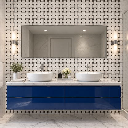 Dolomite - Nero Marquina Polished Marble Basket Weave Mosaic Tile — installed on a windowless bathroom feature wall