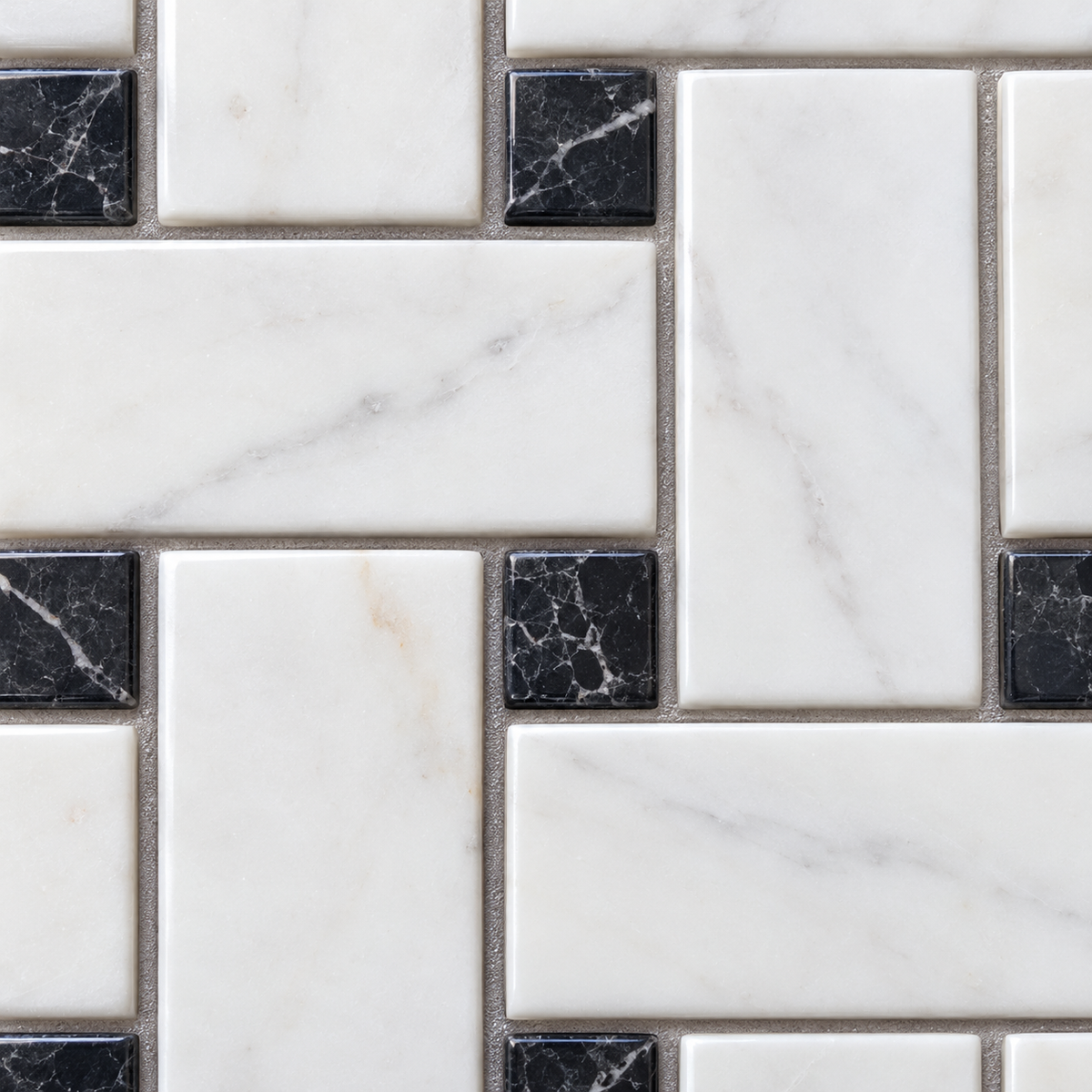 Dolomite - Nero Marquina Polished Marble Basket Weave Mosaic Tile — macro close-up of natural stone texture and mosaic detail