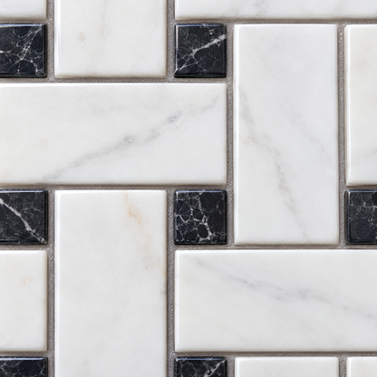 Dolomite - Nero Marquina Polished Marble Basket Weave Mosaic Tile — macro close-up of natural stone texture and mosaic detail