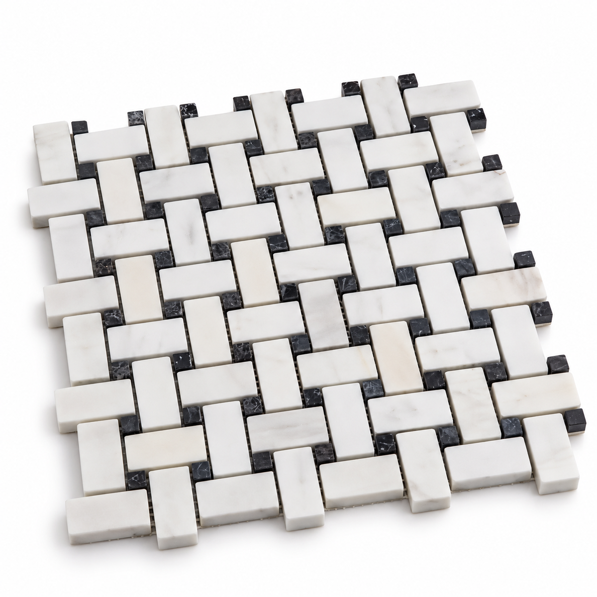 Dolomite - Nero Marquina Polished Marble Basket Weave Mosaic Tile — angled view of natural stone edges and mesh backing