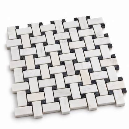Dolomite - Nero Marquina Polished Marble Basket Weave Mosaic Tile — angled view of natural stone edges and mesh backing
