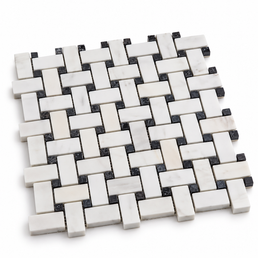 Dolomite - Nero Marquina Polished Marble Basket Weave Mosaic Tile — angled view of natural stone edges and mesh backing