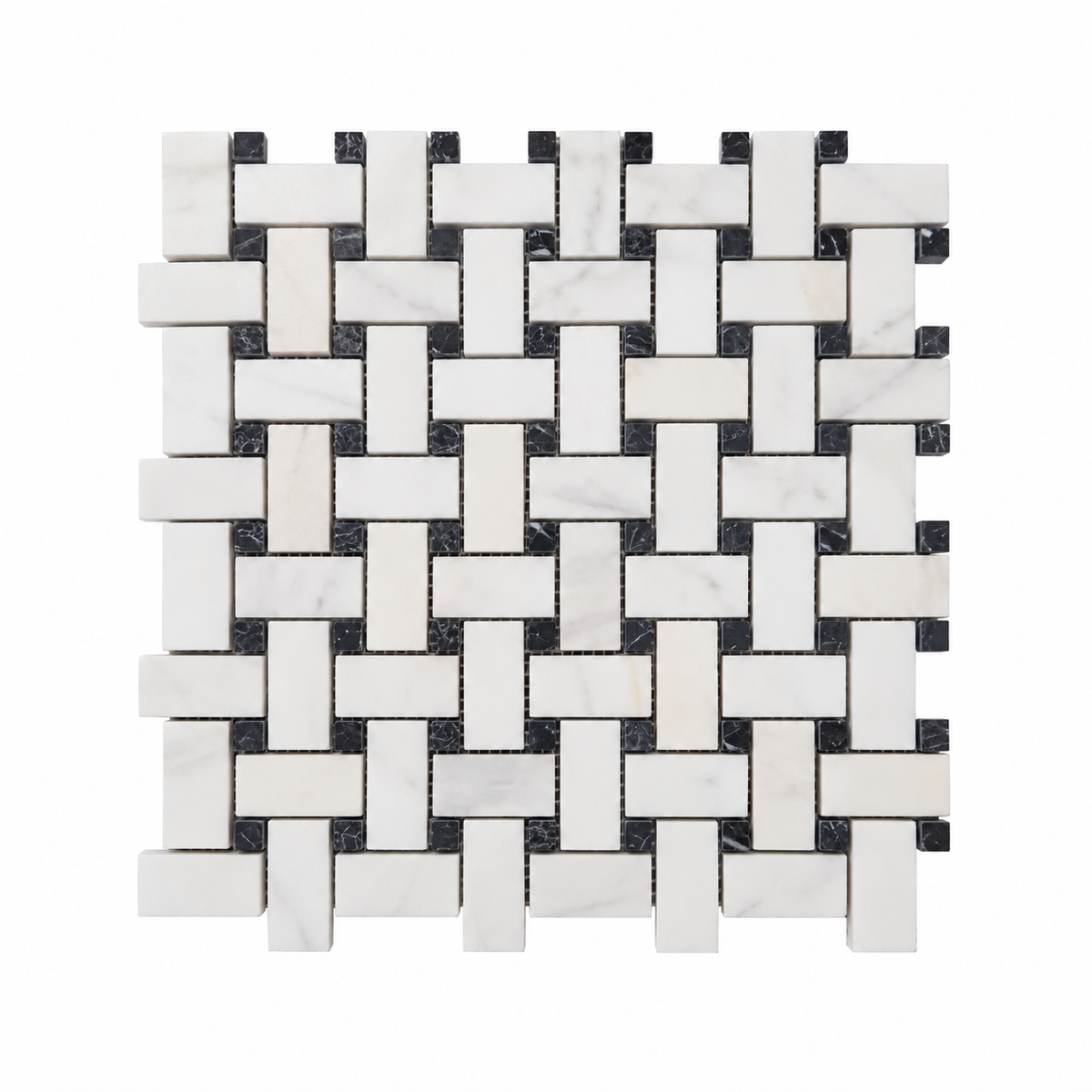 Dolomite - Nero Marquina Polished Marble Basket Weave Mosaic Tile — full mesh-backed sheet on a white background