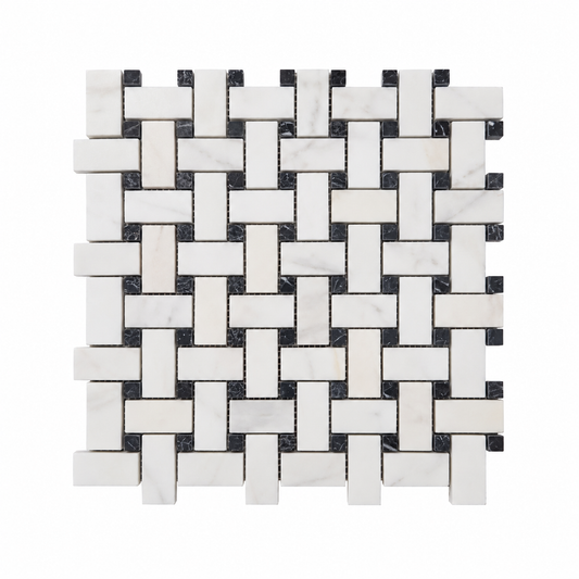 Dolomite - Nero Marquina Polished Marble Basket Weave Mosaic Tile — full mesh-backed sheet on a white background