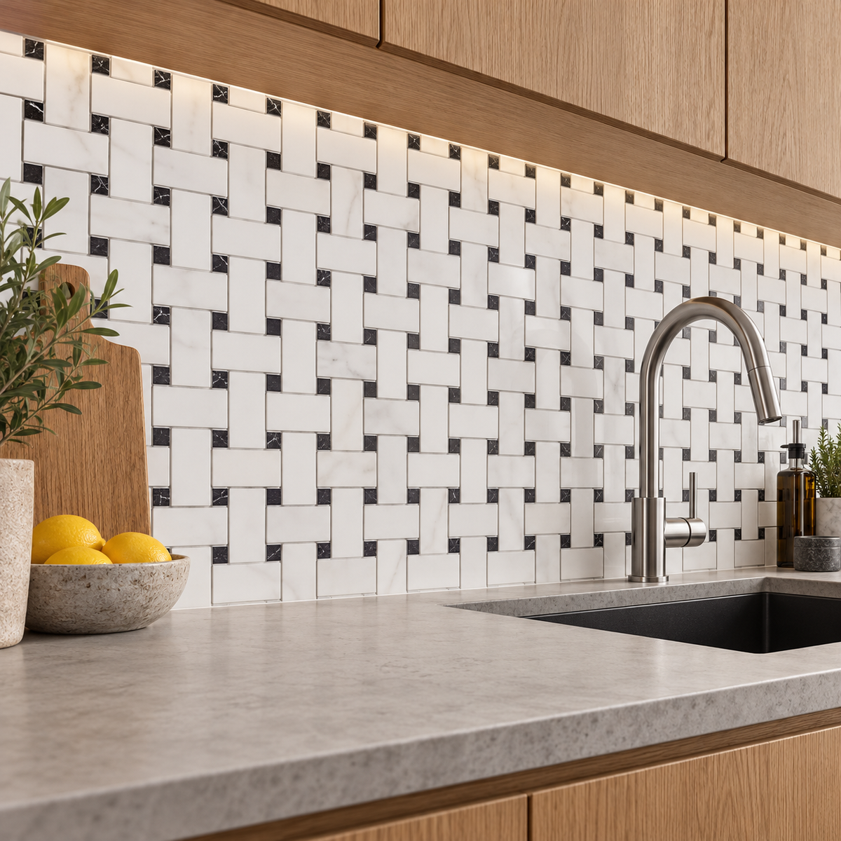 Dolomite - Nero Marquina Polished Marble Basket Weave Mosaic Tile — installed as a kitchen mosaic splashback
