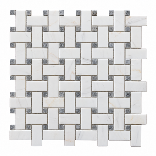 Dolomite - Platinum Grey Polished Marble Basket Weave Mosaic Tile — full mesh-mounted sheet on a white background