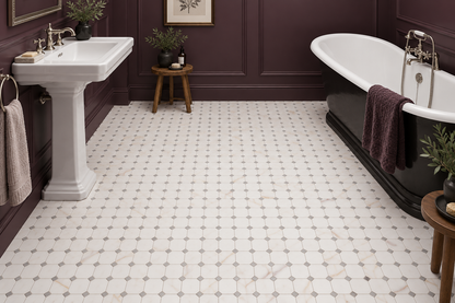 Dolomite Spider Tumbled Marble Octagon Mosaic Tiles — installed as a bathroom mosaic floor