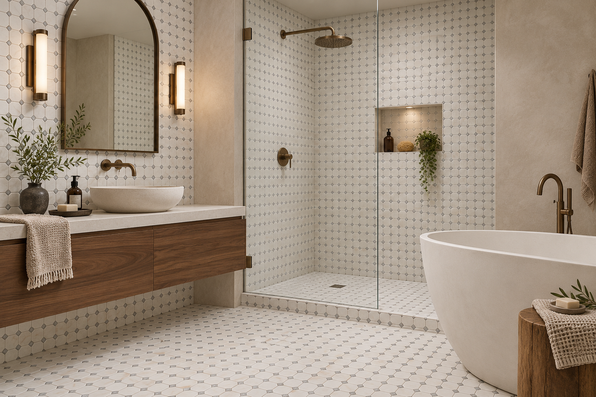 Dolomite Spider Tumbled Marble Octagon Mosaic Tiles — installed on a windowless bathroom feature wall