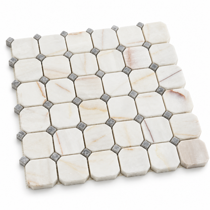 Dolomite Spider Tumbled Marble Octagon Mosaic Tiles — angled sheet showing natural stone edges and mesh backing