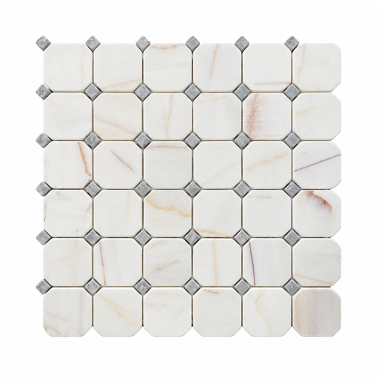 Dolomite Spider Tumbled Marble Octagon Mosaic Tiles — full mesh-mounted sheet on a white background