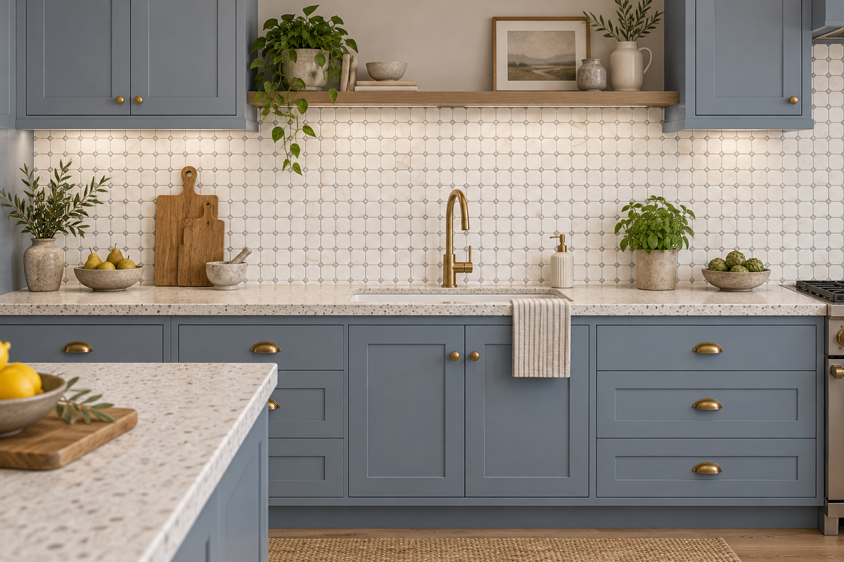 Dolomite Spider Tumbled Marble Octagon Mosaic Tiles — installed as a kitchen splashback