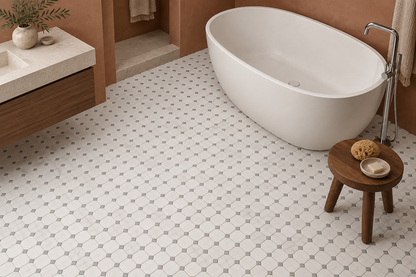Dolomite Tumbled Marble Octagon Mosaic Tiles — installed as a bathroom mosaic floor