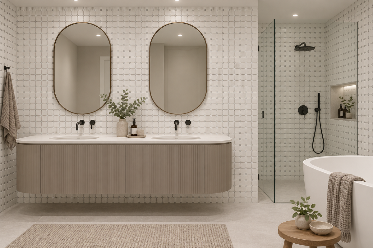 Dolomite Tumbled Marble Octagon Mosaic Tiles — installed on a windowless bathroom feature wall