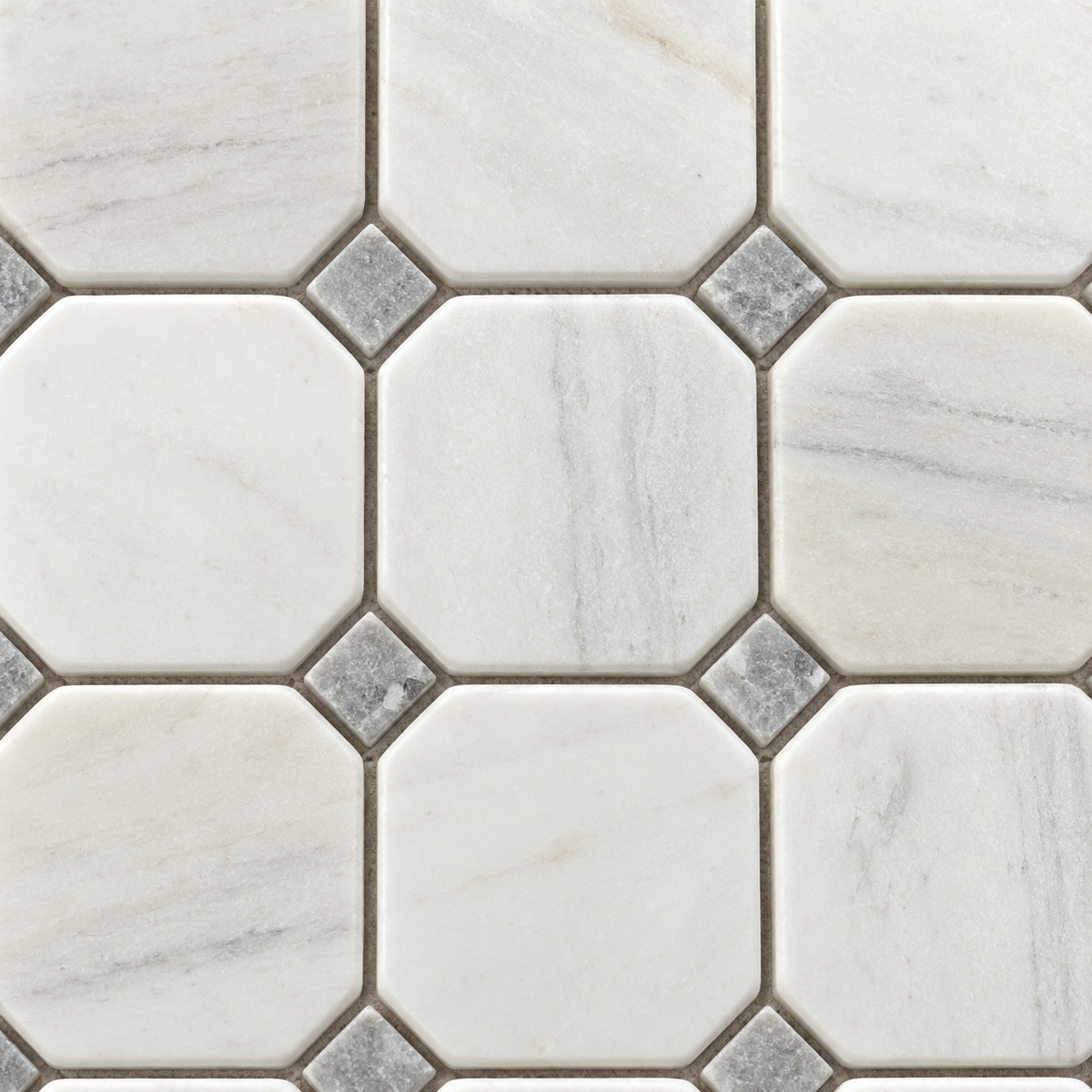 Dolomite Tumbled Marble Octagon Mosaic Tiles — close-up of natural marble texture and mosaic joints