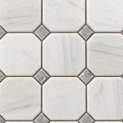 Dolomite Tumbled Marble Octagon Mosaic Tiles — close-up of natural marble texture and mosaic joints