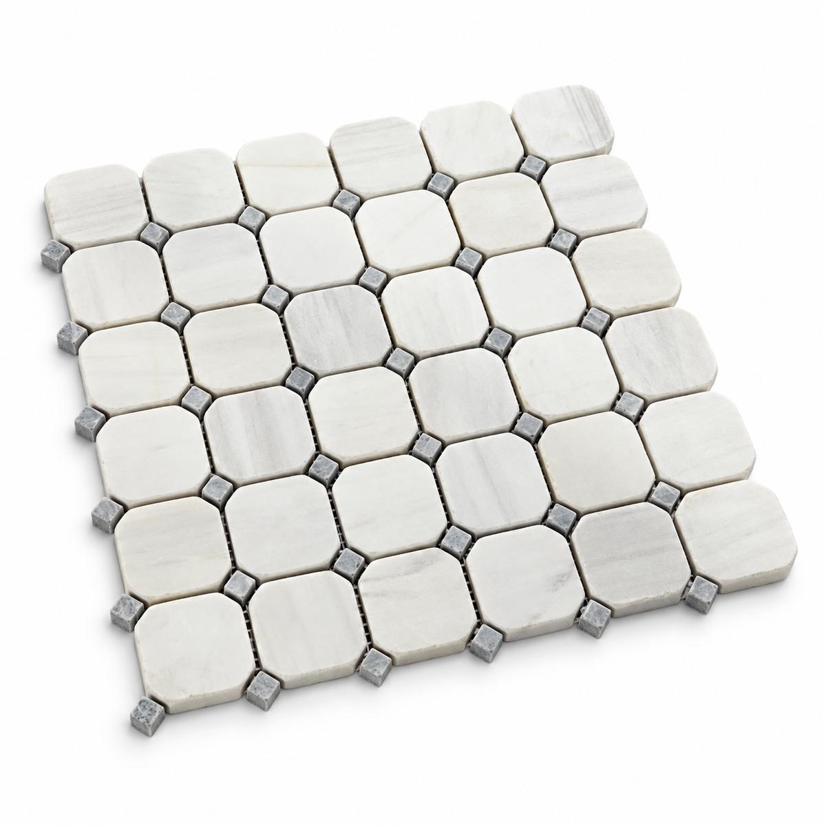 Dolomite Tumbled Marble Octagon Mosaic Tiles — angled sheet showing natural stone edges and mesh backing