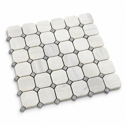 Dolomite Tumbled Marble Octagon Mosaic Tiles — angled sheet showing natural stone edges and mesh backing