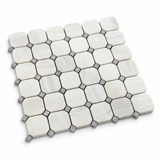 Dolomite Tumbled Marble Octagon Mosaic Tiles — angled sheet showing natural stone edges and mesh backing