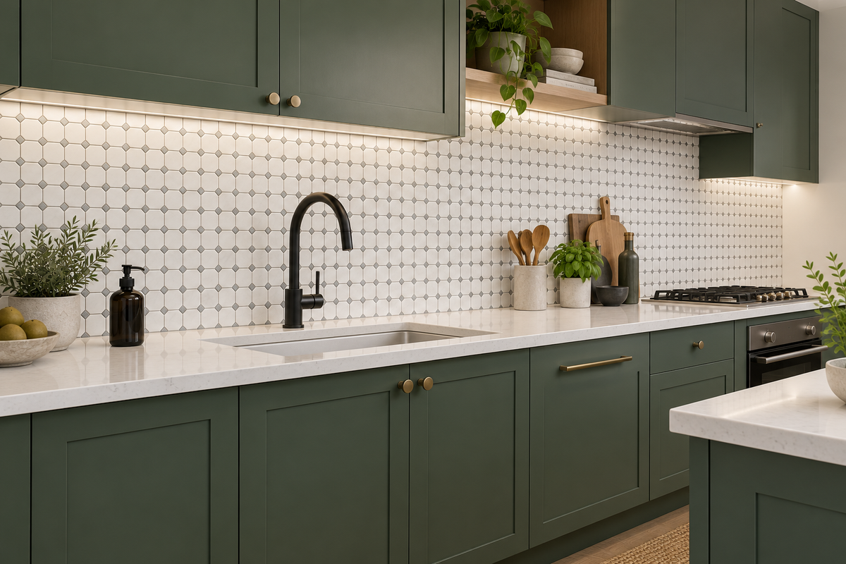 Dolomite Tumbled Marble Octagon Mosaic Tiles — installed as a kitchen splashback