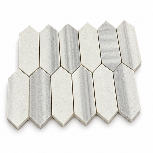 Equator Honed Marble Picket Mosaic Tiles — angled sheet showing natural stone edges and mesh backing