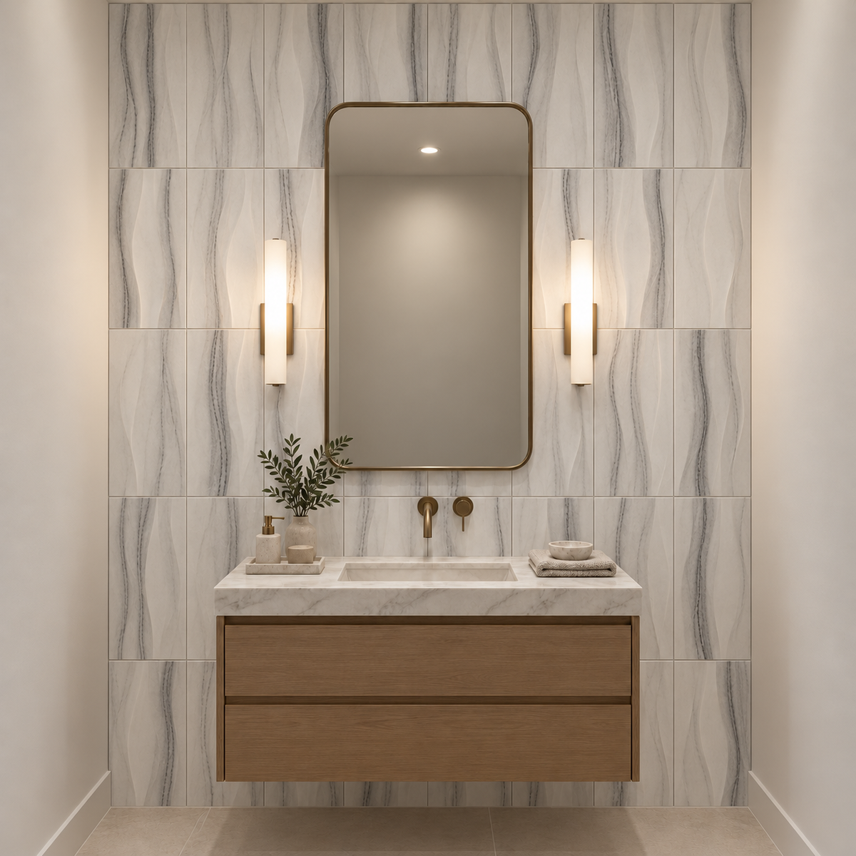 Equator Wave Marble Tile: installed on a windowless bathroom vanity wall