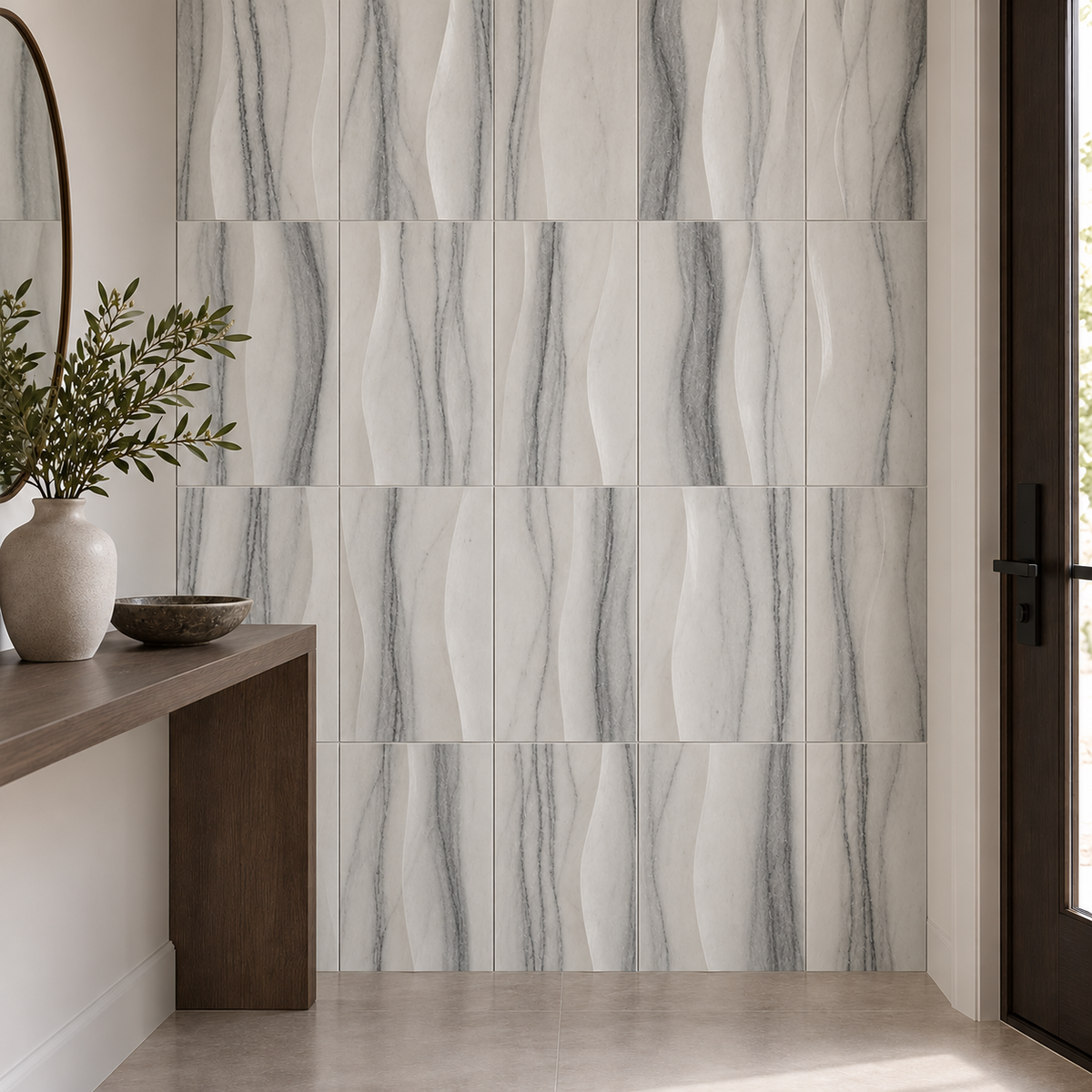 Equator Wave Marble Tile: installed on an entrance accent wall