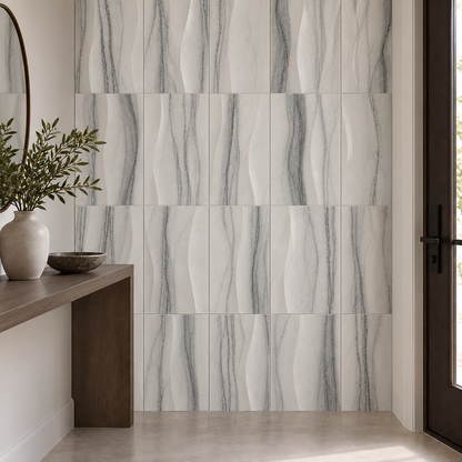 Equator Wave Marble Tile: installed on an entrance accent wall