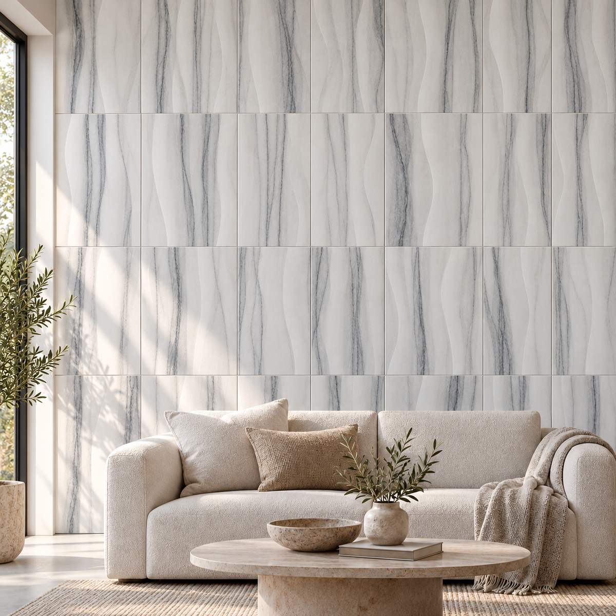 Equator Wave Marble Tile: installed on a living room feature wall