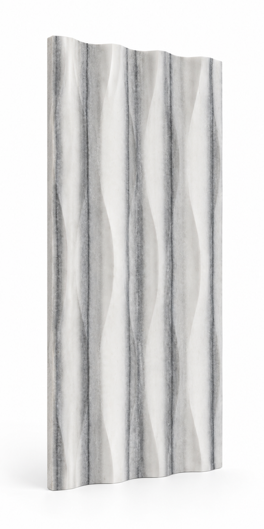 Equator Wave Marble Tile: angled view showing natural stone face and thin raw sawn edges