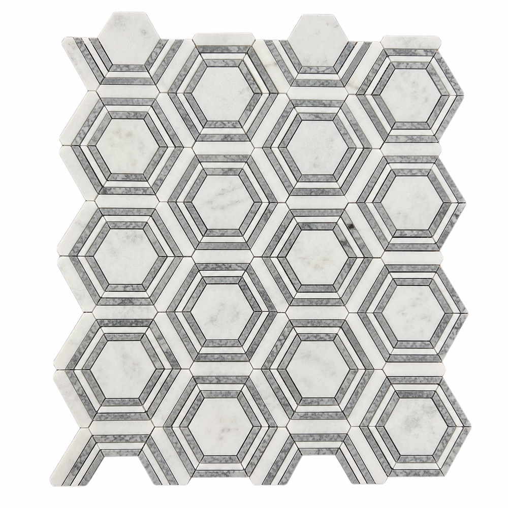 Framed Hexagon Carrara White Platinum Grey Honed Marble Mosaic Tile — white-centre variant — full mesh-mounted sheet on a white background