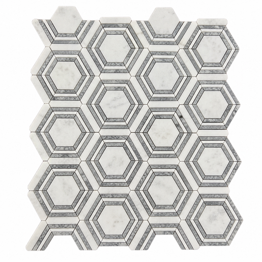 Framed Hexagon Carrara White Platinum Grey Honed Marble Mosaic Tile — white-centre variant — full mesh-mounted sheet on a white background