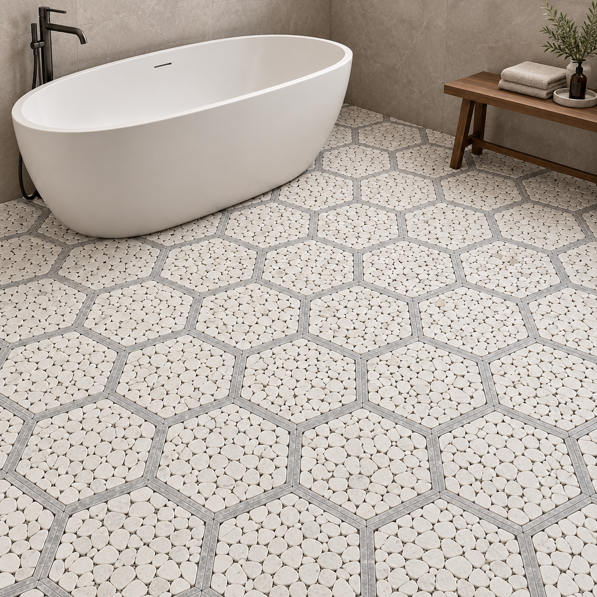 Framed Pebble Hexagon Carrara White and Platinum Grey Tumbled Marble Mosaic Tile — installed as a bathroom mosaic floor