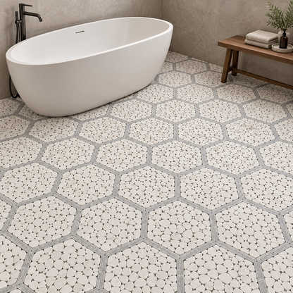 Framed Pebble Hexagon Carrara White and Platinum Grey Tumbled Marble Mosaic Tile — installed as a bathroom mosaic floor