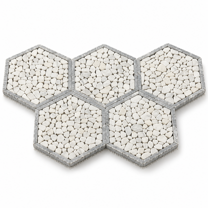 Framed Pebble Hexagon Carrara White and Platinum Grey Tumbled Marble Mosaic Tile — angled sheet showing natural stone edges and mesh backing